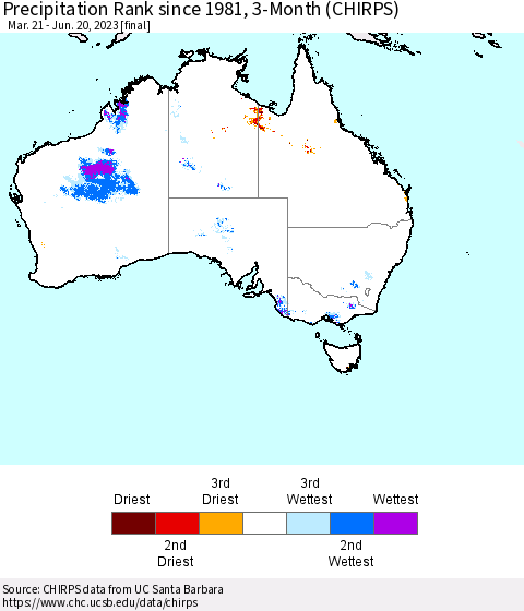 Australia Precipitation Rank since 1981, 3-Month (CHIRPS) Thematic Map For 3/21/2023 - 6/20/2023