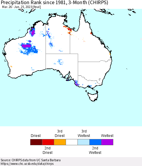 Australia Precipitation Rank since 1981, 3-Month (CHIRPS) Thematic Map For 3/26/2023 - 6/25/2023