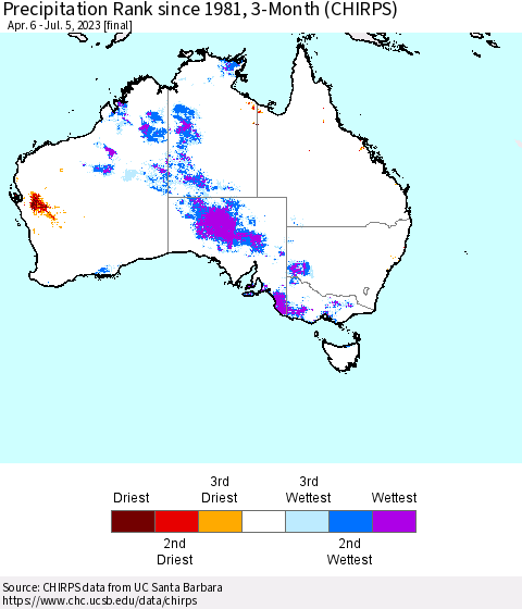 Australia Precipitation Rank since 1981, 3-Month (CHIRPS) Thematic Map For 4/6/2023 - 7/5/2023