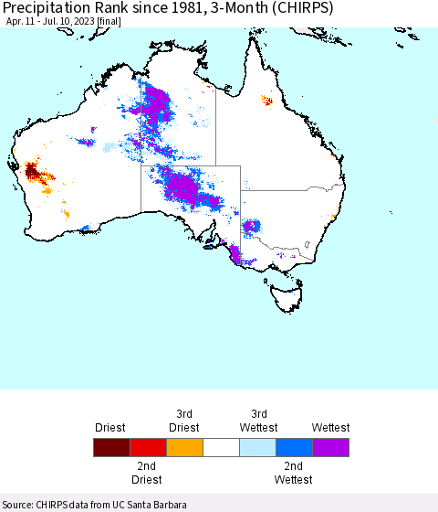 Australia Precipitation Rank since 1981, 3-Month (CHIRPS) Thematic Map For 4/11/2023 - 7/10/2023