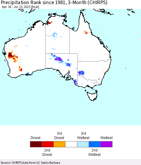 Australia Precipitation Rank since 1981, 3-Month (CHIRPS) Thematic Map For 4/16/2023 - 7/15/2023