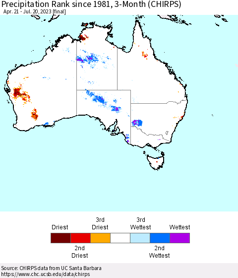 Australia Precipitation Rank since 1981, 3-Month (CHIRPS) Thematic Map For 4/21/2023 - 7/20/2023