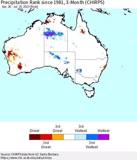 Australia Precipitation Rank since 1981, 3-Month (CHIRPS) Thematic Map For 4/26/2023 - 7/25/2023