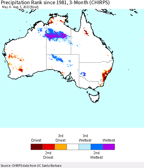 Australia Precipitation Rank since 1981, 3-Month (CHIRPS) Thematic Map For 5/6/2023 - 8/5/2023