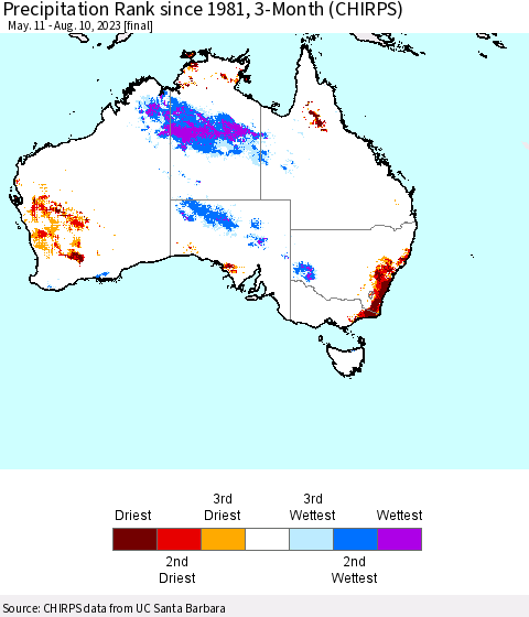 Australia Precipitation Rank since 1981, 3-Month (CHIRPS) Thematic Map For 5/11/2023 - 8/10/2023