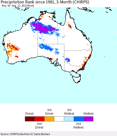 Australia Precipitation Rank since 1981, 3-Month (CHIRPS) Thematic Map For 5/16/2023 - 8/15/2023