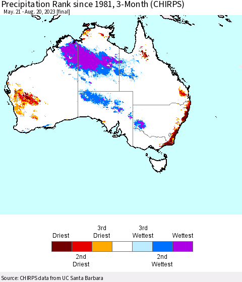 Australia Precipitation Rank since 1981, 3-Month (CHIRPS) Thematic Map For 5/21/2023 - 8/20/2023
