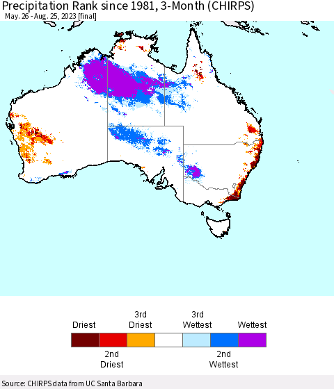 Australia Precipitation Rank since 1981, 3-Month (CHIRPS) Thematic Map For 5/26/2023 - 8/25/2023