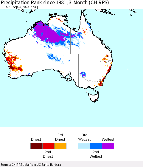 Australia Precipitation Rank since 1981, 3-Month (CHIRPS) Thematic Map For 6/6/2023 - 9/5/2023
