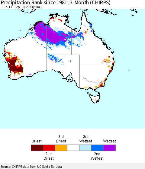 Australia Precipitation Rank since 1981, 3-Month (CHIRPS) Thematic Map For 6/11/2023 - 9/10/2023