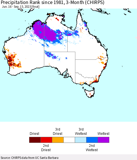 Australia Precipitation Rank since 1981, 3-Month (CHIRPS) Thematic Map For 6/16/2023 - 9/15/2023