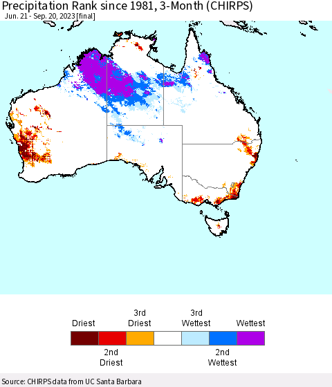 Australia Precipitation Rank since 1981, 3-Month (CHIRPS) Thematic Map For 6/21/2023 - 9/20/2023