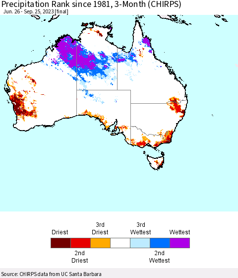 Australia Precipitation Rank since 1981, 3-Month (CHIRPS) Thematic Map For 6/26/2023 - 9/25/2023