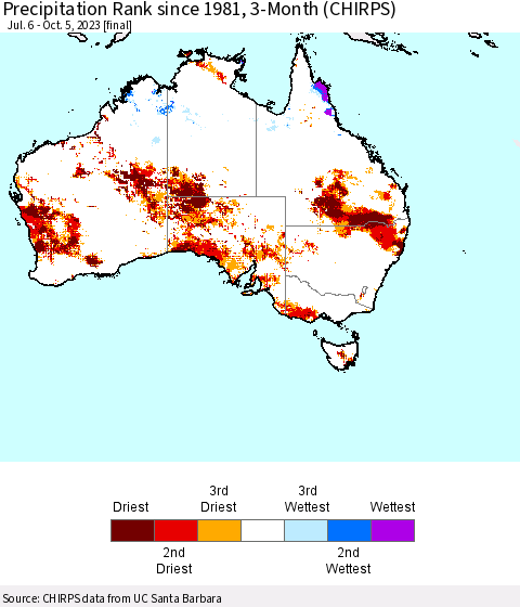 Australia Precipitation Rank since 1981, 3-Month (CHIRPS) Thematic Map For 7/6/2023 - 10/5/2023