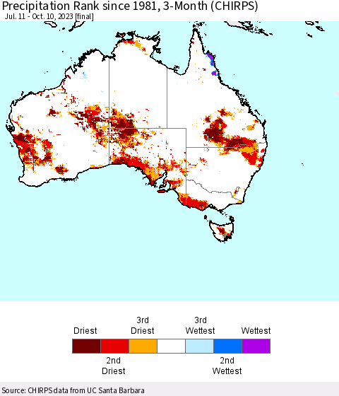 Australia Precipitation Rank since 1981, 3-Month (CHIRPS) Thematic Map For 7/11/2023 - 10/10/2023