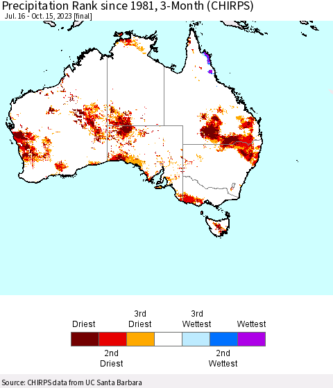 Australia Precipitation Rank since 1981, 3-Month (CHIRPS) Thematic Map For 7/16/2023 - 10/15/2023
