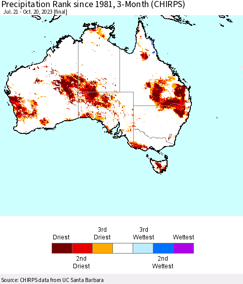 Australia Precipitation Rank since 1981, 3-Month (CHIRPS) Thematic Map For 7/21/2023 - 10/20/2023