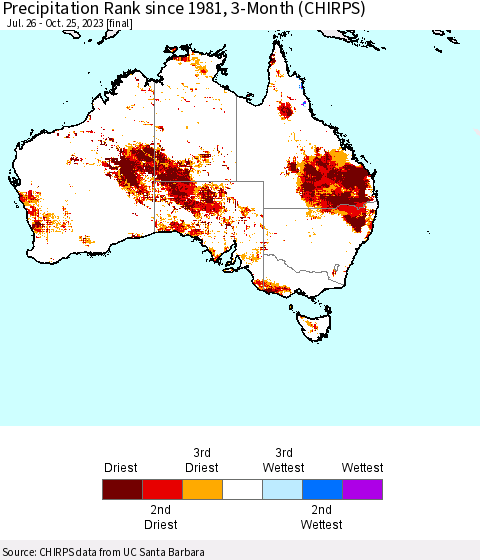 Australia Precipitation Rank since 1981, 3-Month (CHIRPS) Thematic Map For 7/26/2023 - 10/25/2023