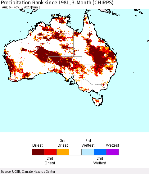 Australia Precipitation Rank since 1981, 3-Month (CHIRPS) Thematic Map For 8/6/2023 - 11/5/2023