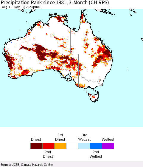 Australia Precipitation Rank since 1981, 3-Month (CHIRPS) Thematic Map For 8/11/2023 - 11/10/2023