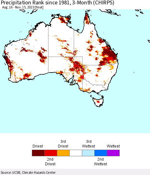 Australia Precipitation Rank since 1981, 3-Month (CHIRPS) Thematic Map For 8/16/2023 - 11/15/2023