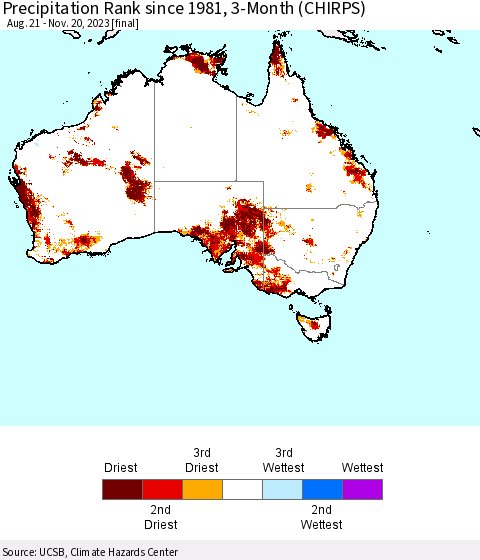 Australia Precipitation Rank since 1981, 3-Month (CHIRPS) Thematic Map For 8/21/2023 - 11/20/2023