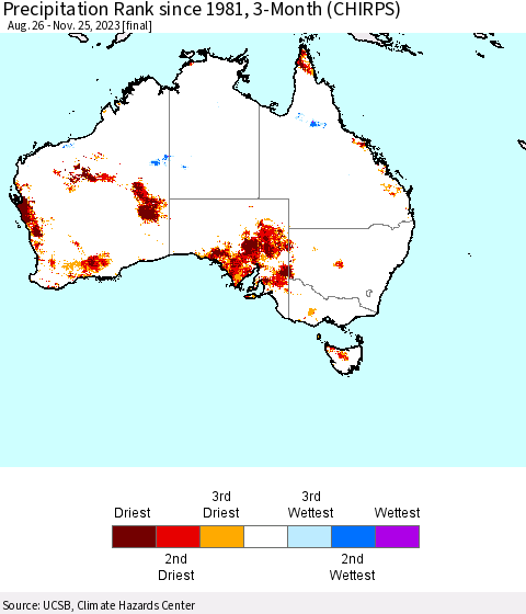 Australia Precipitation Rank since 1981, 3-Month (CHIRPS) Thematic Map For 8/26/2023 - 11/25/2023
