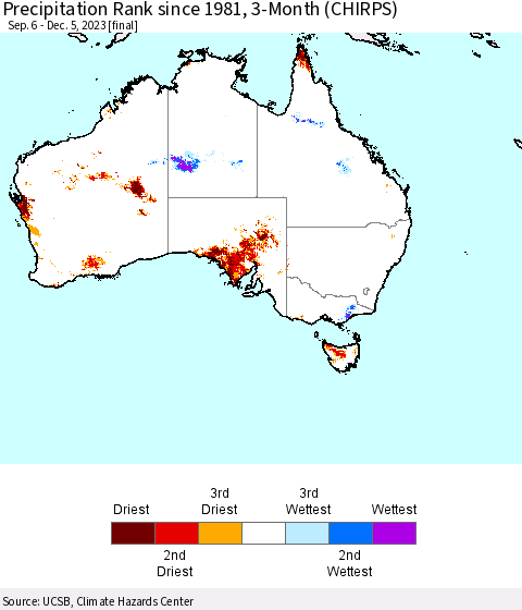 Australia Precipitation Rank since 1981, 3-Month (CHIRPS) Thematic Map For 9/6/2023 - 12/5/2023