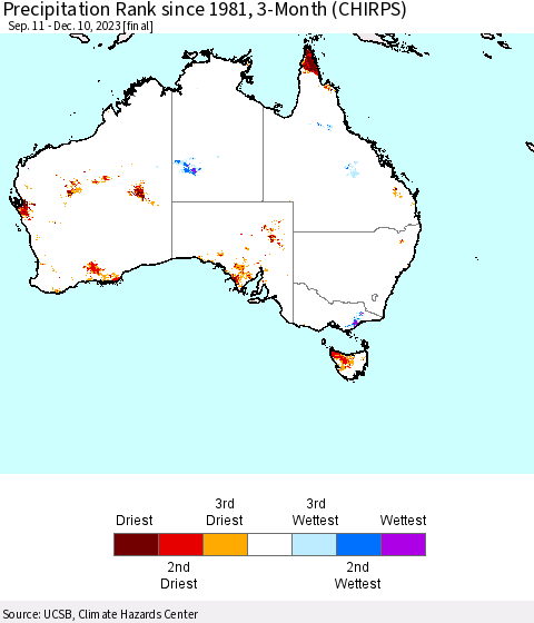 Australia Precipitation Rank since 1981, 3-Month (CHIRPS) Thematic Map For 9/11/2023 - 12/10/2023