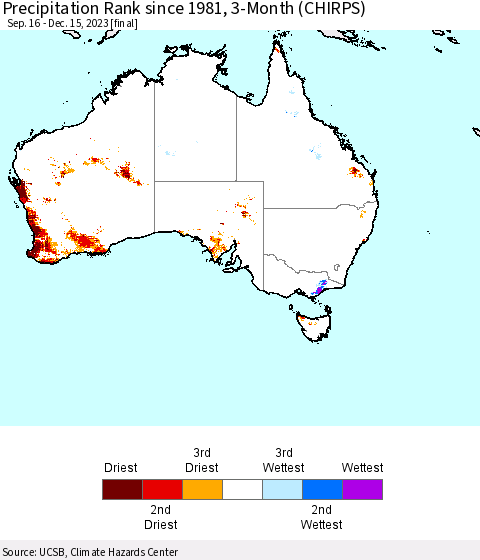 Australia Precipitation Rank since 1981, 3-Month (CHIRPS) Thematic Map For 9/16/2023 - 12/15/2023