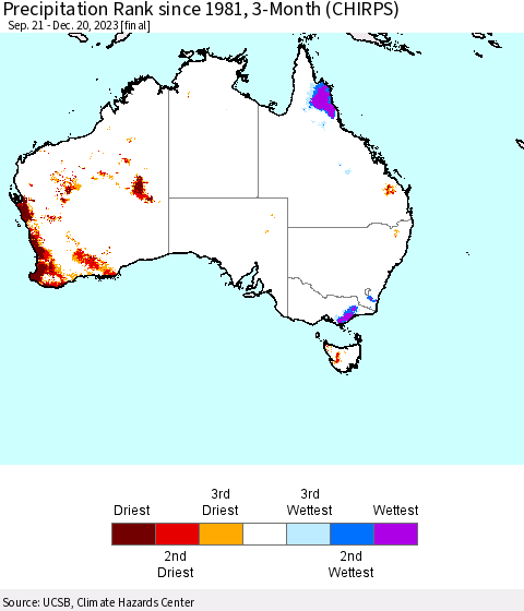 Australia Precipitation Rank since 1981, 3-Month (CHIRPS) Thematic Map For 9/21/2023 - 12/20/2023