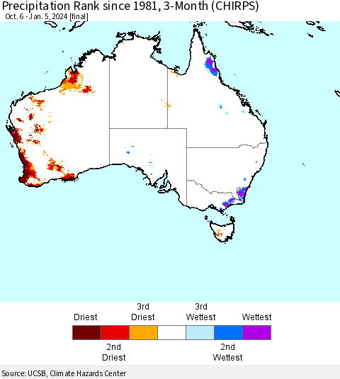 Australia Precipitation Rank since 1981, 3-Month (CHIRPS) Thematic Map For 10/6/2023 - 1/5/2024