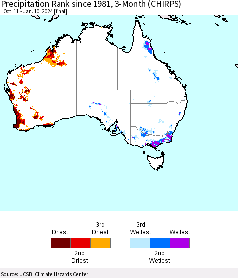 Australia Precipitation Rank since 1981, 3-Month (CHIRPS) Thematic Map For 10/11/2023 - 1/10/2024