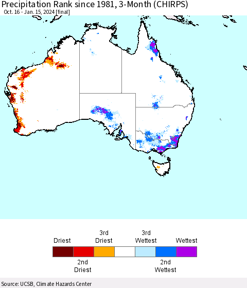 Australia Precipitation Rank since 1981, 3-Month (CHIRPS) Thematic Map For 10/16/2023 - 1/15/2024