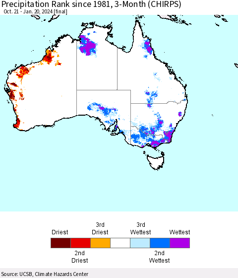 Australia Precipitation Rank since 1981, 3-Month (CHIRPS) Thematic Map For 10/21/2023 - 1/20/2024