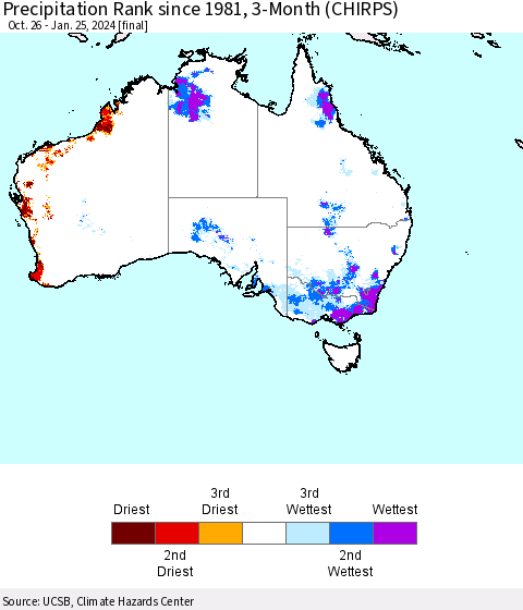 Australia Precipitation Rank since 1981, 3-Month (CHIRPS) Thematic Map For 10/26/2023 - 1/25/2024