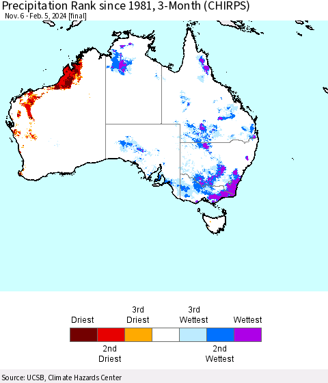 Australia Precipitation Rank since 1981, 3-Month (CHIRPS) Thematic Map For 11/6/2023 - 2/5/2024