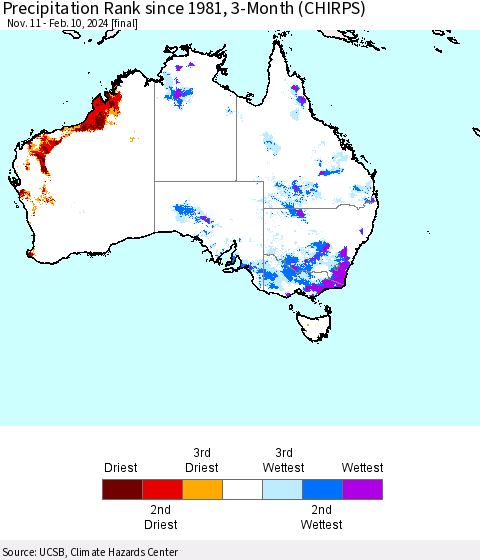Australia Precipitation Rank since 1981, 3-Month (CHIRPS) Thematic Map For 11/11/2023 - 2/10/2024