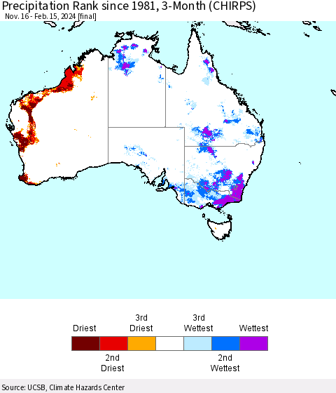 Australia Precipitation Rank since 1981, 3-Month (CHIRPS) Thematic Map For 11/16/2023 - 2/15/2024