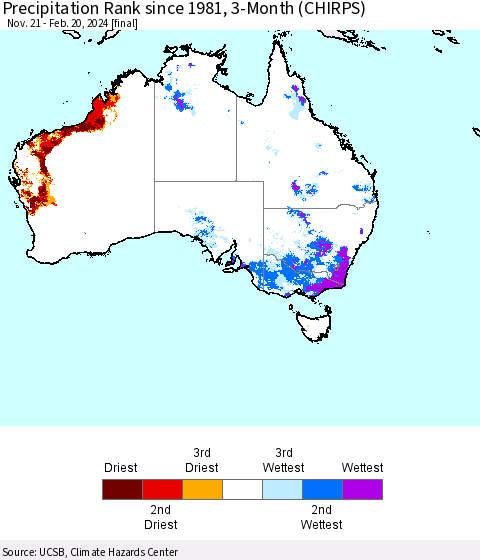 Australia Precipitation Rank since 1981, 3-Month (CHIRPS) Thematic Map For 11/21/2023 - 2/20/2024