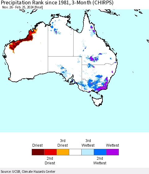 Australia Precipitation Rank since 1981, 3-Month (CHIRPS) Thematic Map For 11/26/2023 - 2/25/2024