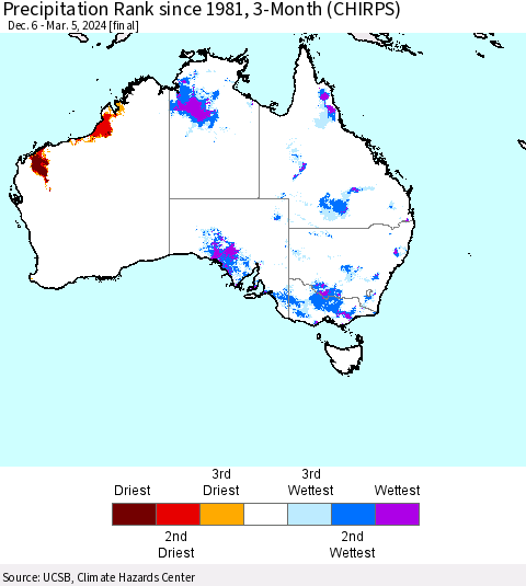 Australia Precipitation Rank since 1981, 3-Month (CHIRPS) Thematic Map For 12/6/2023 - 3/5/2024