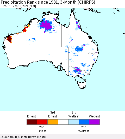 Australia Precipitation Rank since 1981, 3-Month (CHIRPS) Thematic Map For 12/11/2023 - 3/10/2024