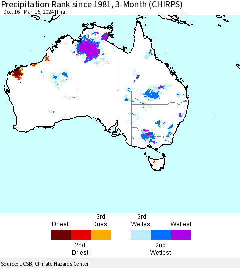 Australia Precipitation Rank since 1981, 3-Month (CHIRPS) Thematic Map For 12/16/2023 - 3/15/2024