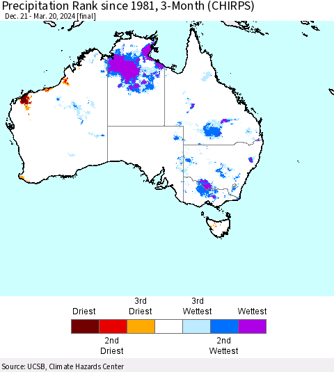 Australia Precipitation Rank since 1981, 3-Month (CHIRPS) Thematic Map For 12/21/2023 - 3/20/2024