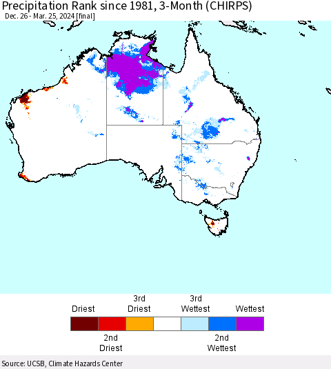 Australia Precipitation Rank since 1981, 3-Month (CHIRPS) Thematic Map For 12/26/2023 - 3/25/2024