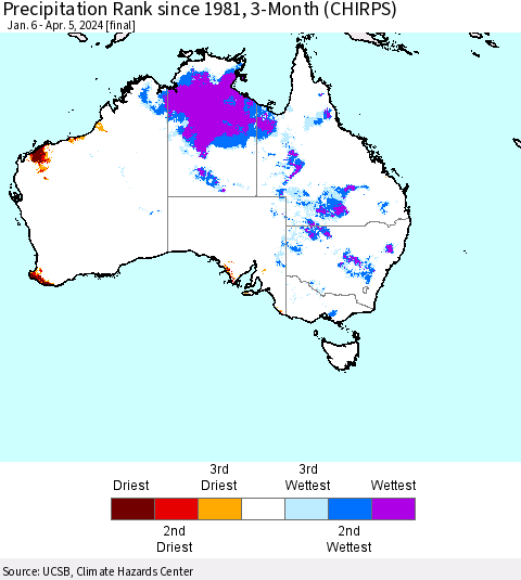 Australia Precipitation Rank since 1981, 3-Month (CHIRPS) Thematic Map For 1/6/2024 - 4/5/2024