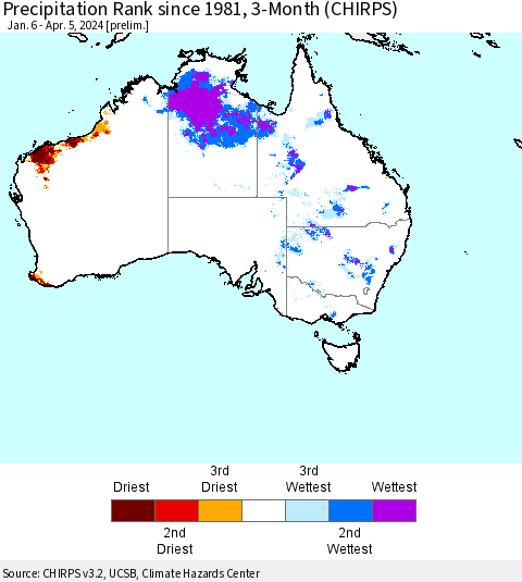 Australia Precipitation Rank since 1981, 3-Month (CHIRPS) Thematic Map For 1/6/2024 - 4/5/2024
