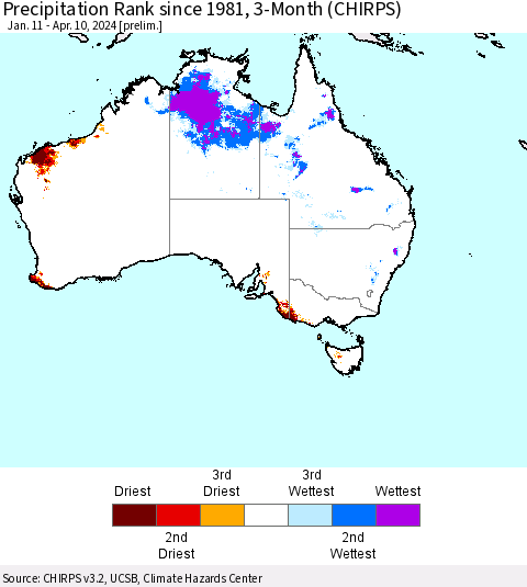 Australia Precipitation Rank since 1981, 3-Month (CHIRPS) Thematic Map For 1/11/2024 - 4/10/2024