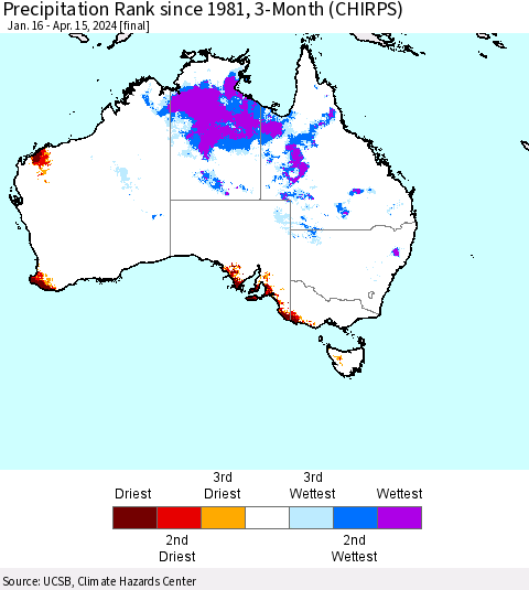 Australia Precipitation Rank since 1981, 3-Month (CHIRPS) Thematic Map For 1/16/2024 - 4/15/2024